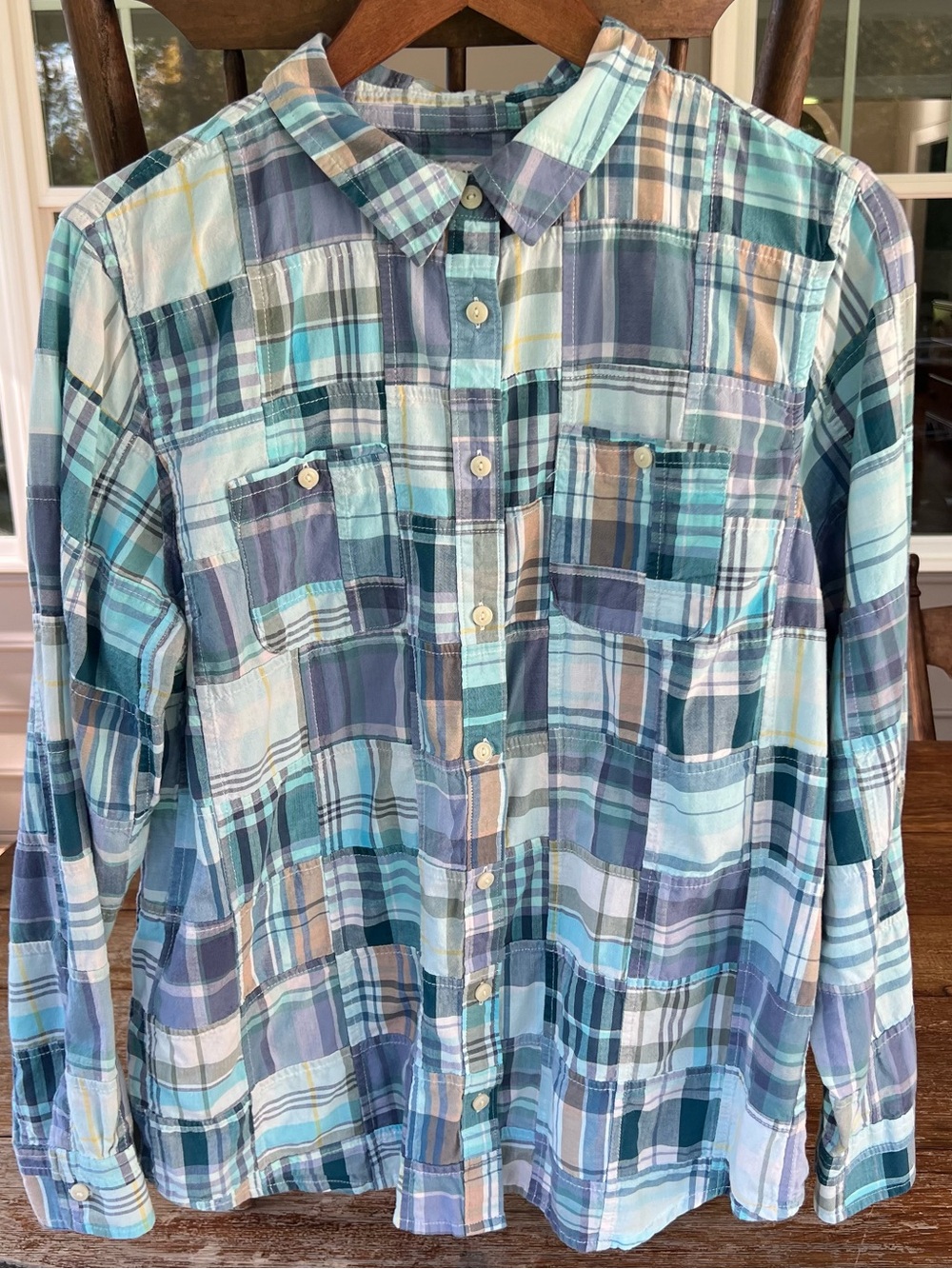 LL Bean Patchwork Madras Plaid Cotton Shirt Women’s Large Regular Blue Teal - Picture 2 of 14